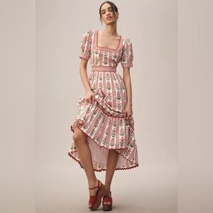 Pink City Prints Evelyn Puff-Sleeve Tiered Midi Dress, NWOT, Size S